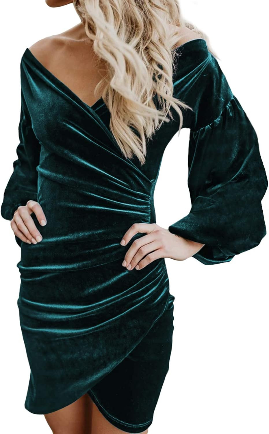 Dokotoo Womens V Neck Cross Sleeves Pleated Design Wrap Velvet Dress | Amazon (US)