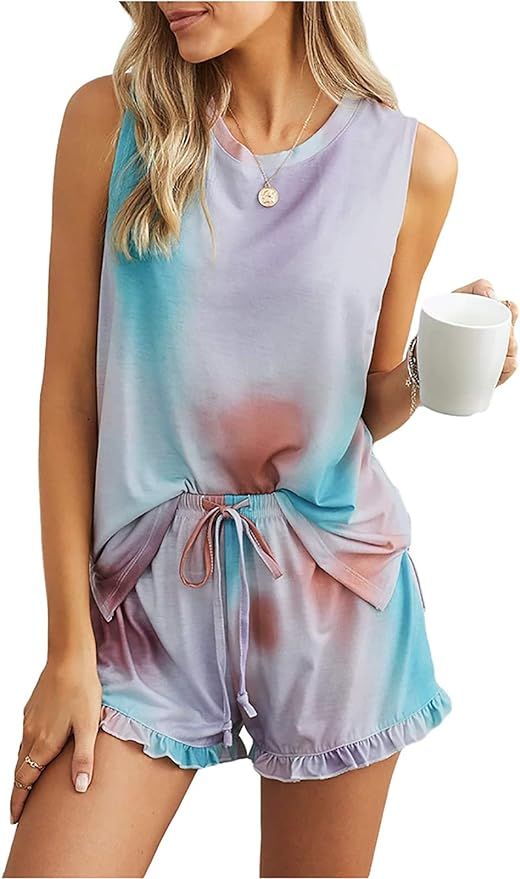 2pcs Womens Tie Dye Printed Ruffle Pajama Sets Lounger Sleep Leisure Wear | Amazon (US)