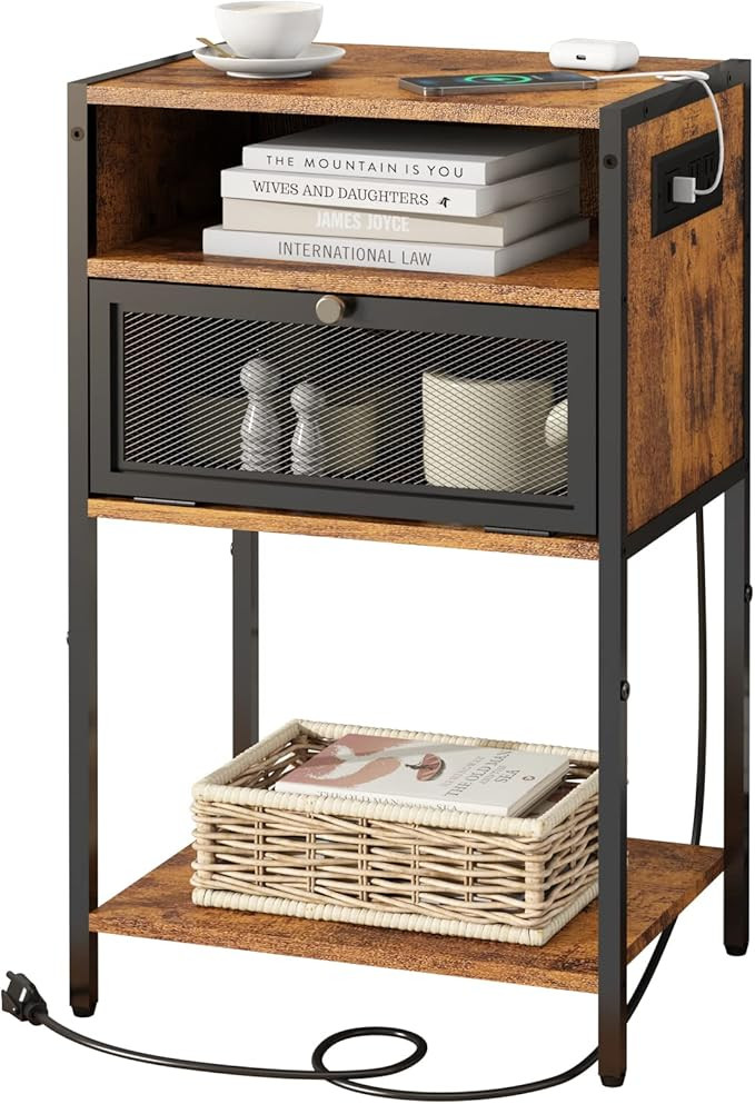 SOOWERY Nightstand with Charging Station, Bedside Tables with 3 Tiers Storage Space and Door, End... | Amazon (US)