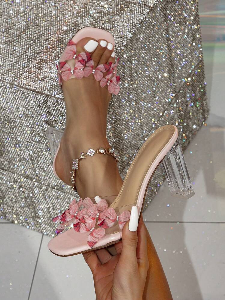 Women Transparent High-Heeled Sandals With Butterfly Decoration Square Toe, Suitable For Weddings And Parties Valentines | SHEIN