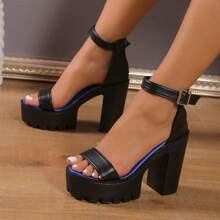 Simple And Fashionable Black Chunky Heel Highheeled Sandals | SHEIN