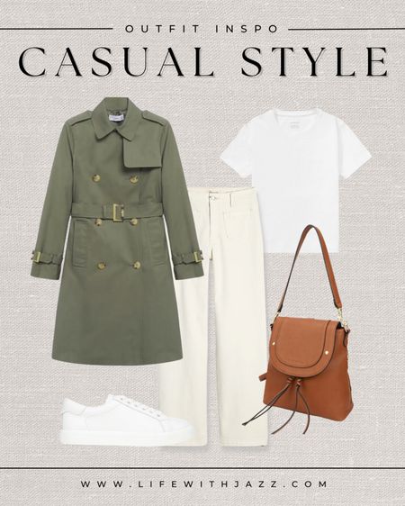 Spring outfit inspo 

- green trench coat 
- white tee
- white/cream jeans 
- white sneakers 
- backpack/purse 

#LTKstyletip #LTKSeasonal