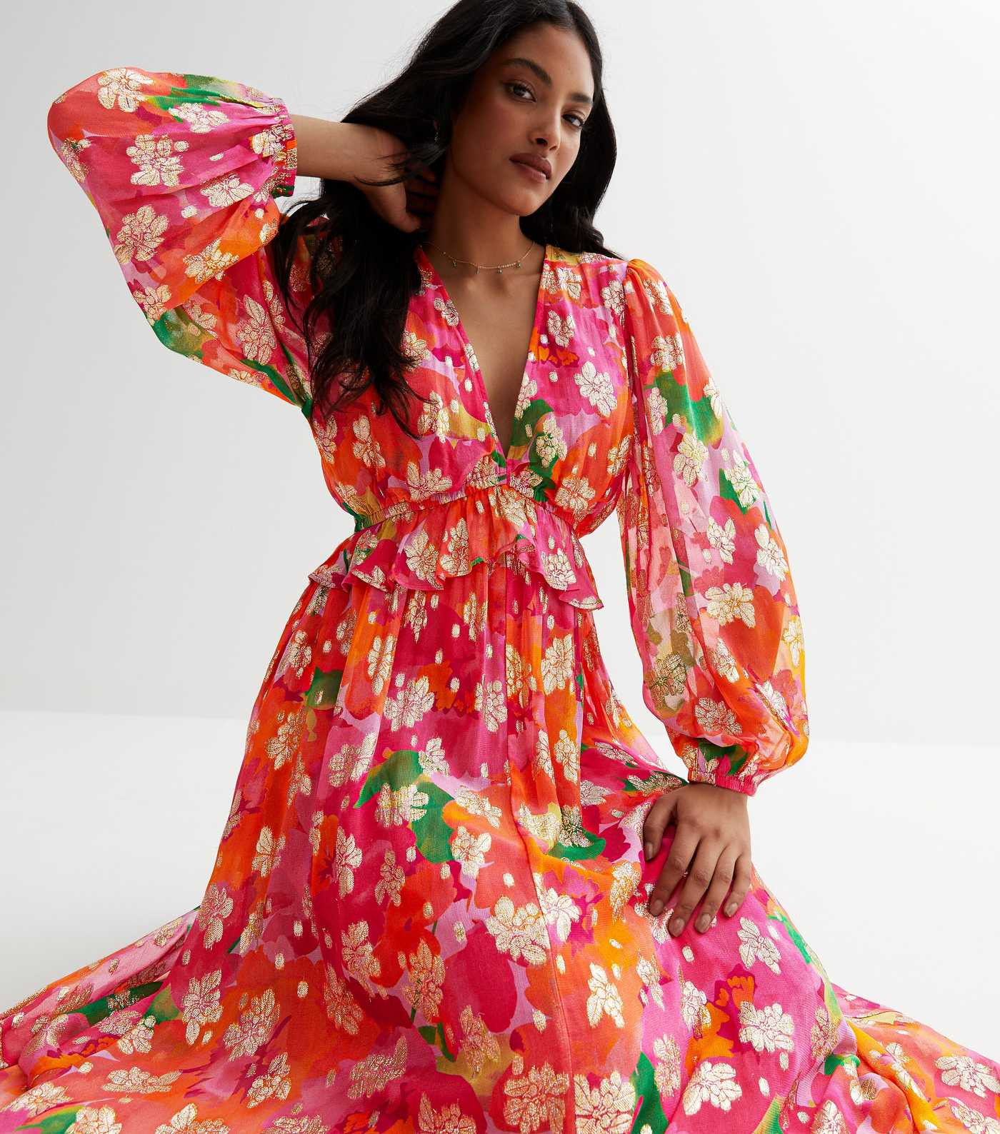 Pink Glitter Floral Plunge Maxi Dress
						
						Add to Saved Items
						Remove from Saved Ite... | New Look (UK)