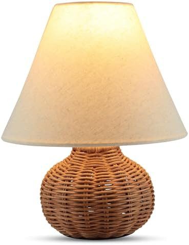 11" Small Mini Wicker Table Lamp, Dimmable Rattan Bamboo Lamp with Off-White Fabric Shade, Boho A... | Amazon (US)