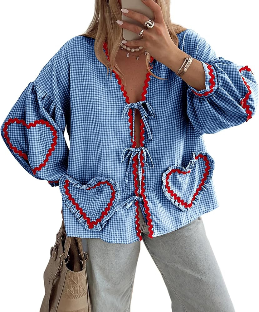 Tankaneo Womens Tie Front Tops Peplum Babydoll Going Out Gingham Puff Long Sleeve Blouse Cute Cot... | Amazon (US)