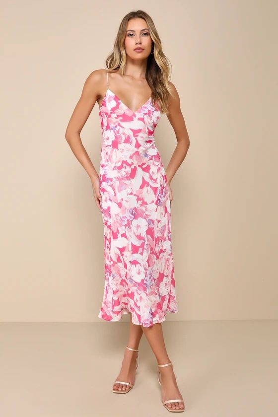 Radiant Confidence Hot Pink Floral Chiffon Lace-Up Midi Dress | Lulus