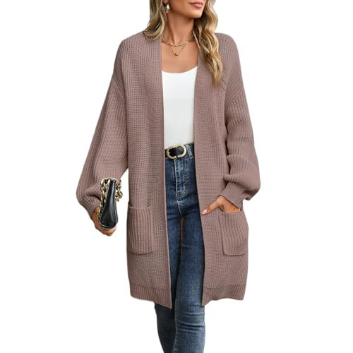 ZLIGXEA Long Cardigans for Women Trendy, Oversized Long Lantern Sleeve Jacket Coat, Open Front Knit Chunky Outerwear with Pockets 2024 Fall, Brown X-Large | Amazon (US)