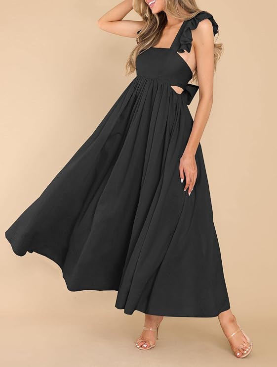 MITILLY Women's Summer Flutter Sleeve Square Neck Tie Back Casual Pleated A-Line Flowy Maxi Dress... | Amazon (US)