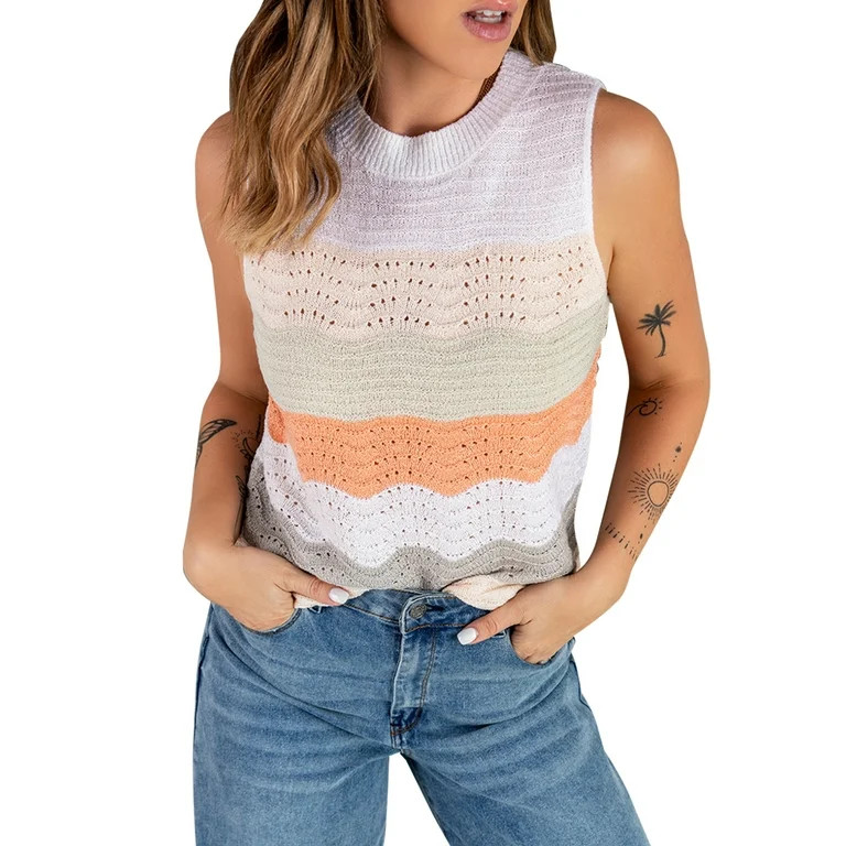 Dokotoo Women's Multicolor Summer Knitted Tank Tops Crew Neck Sleeveless Tanks Fashion Camisole f... | Walmart (US)