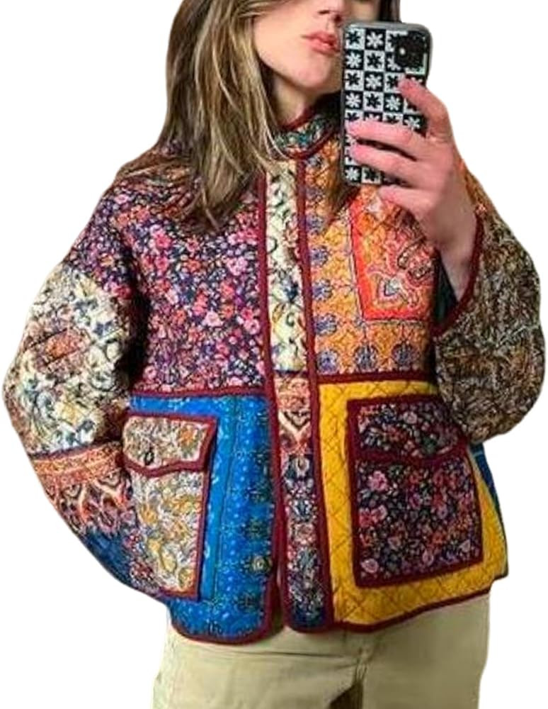 Yimoon Women's Cropped Puffer Quilted Jacket Vintage Floral Print Open Front Lightweight Short Ja... | Amazon (US)