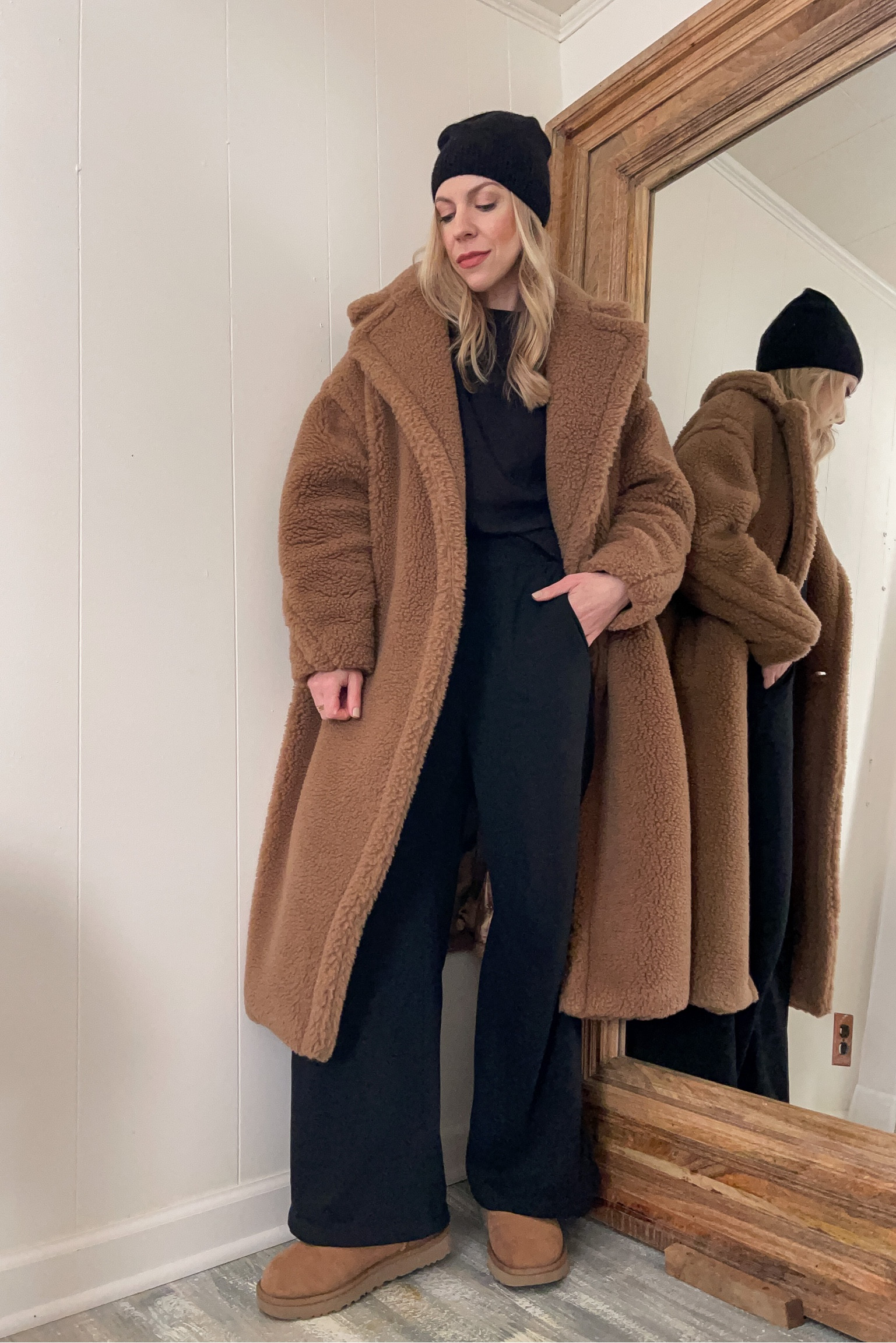 Teddy coat, Max Mara coat, sweat suit, wide leg joggers, Ugg ultra mini boots, casual winter outfit 

#LTKshoecrush #LTKSeasonal #LTKunder50