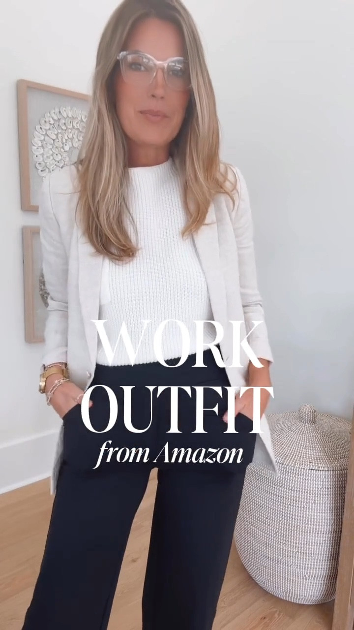 Work outfit from Amazon.  I am 5’11” wearing small 35” inseam in these pants with a heel. Small top and blazer. 

#LTKWorkwear #LTKOver40 #LTKTall
