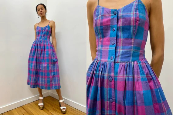 90s Corset Back Purple Pink Plaid Cotton Sundress Medium | Etsy | Etsy (US)