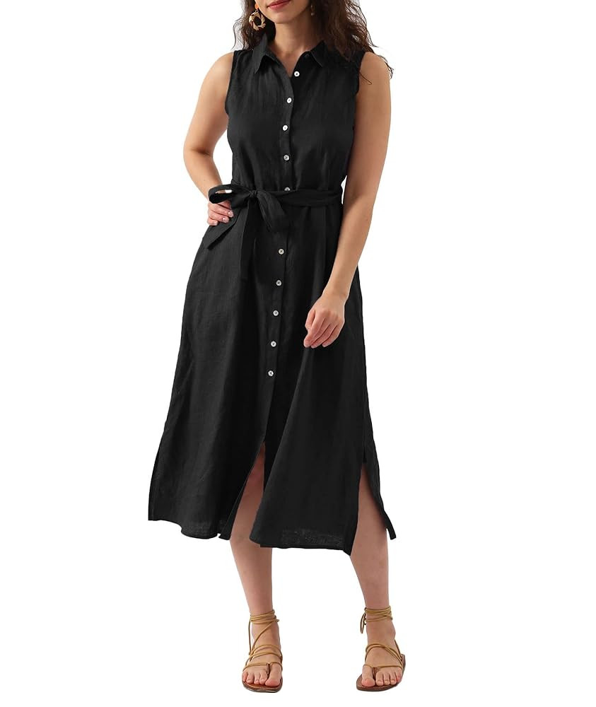 Amazhiyu Womens Pure Linen Summer Button Down Midi Dresses with Pockets and Belt | Amazon (CA)