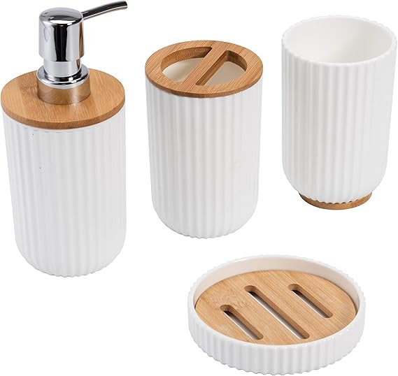 KRALIX Four Piece Bathroom Vanity Accessory Set - Includes Toothbrush Holder, Lotion Dispenser, S... | Amazon (US)