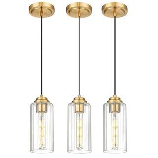Modern 1-Light Gold Pendant Light with Clear Striped Glass Shade, No Bulbs Included (Set of 3) | The Home Depot