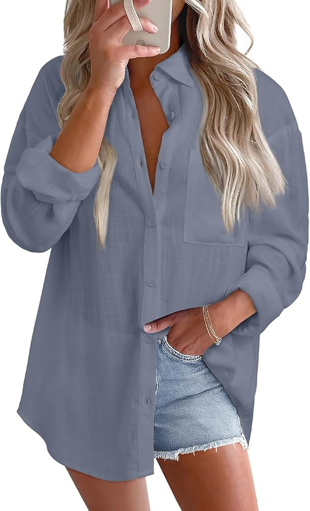 Astylish Women 2026 Loose Fit Tops Cotton Linen Button Down Shirts Collared Roll Up Long Sleeve V... | Amazon (US)