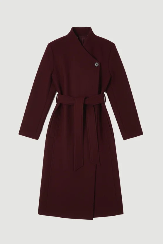 Wool Wrap Neck Tailored Belted Midi Coat | Karen Millen US