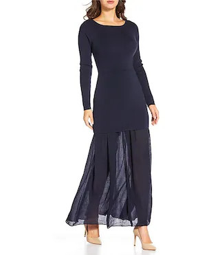 Line and Dot Gemma Round Neck Long Sleeve Mix Media Maxi Dress | Dillard's | Dillard's