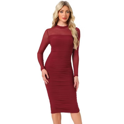 INSPIRE CHIC Women's Mesh Mock Neck Long Sleeve Ruched Elegant Cocktail Bodycon Dress Dark Red X-Small | Target