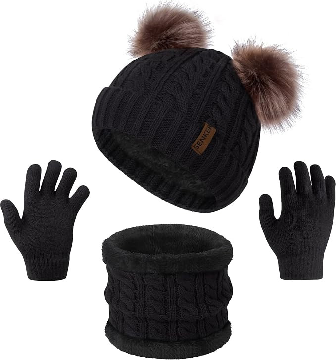 3 Pcs Kids Winter Beanie Hat Scarf Gloves Set for Girls Boys Knit Warm Pompom Toddler Winter Hat ... | Amazon (US)