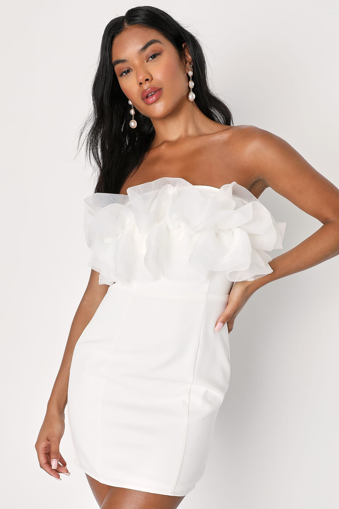 Starry-Eyed Love White Ruffled Strapless Bodycon Mini Dress | Lulus