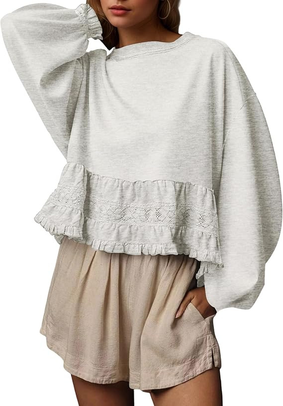 Crew Neck Crop Oversized Sweatshirts For Women Casual Long Puff Sleeve Babydoll Tops Loose Lace P... | Amazon (US)