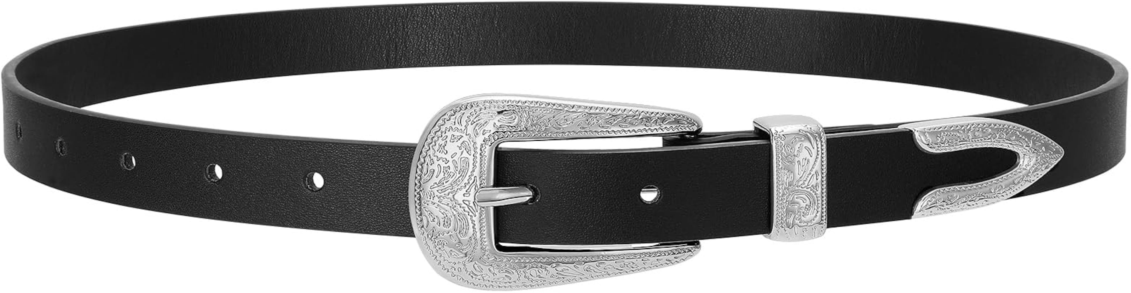 SUOSDEY Western Skinny Leather Belt for Women Carved Buckle, Ladies Waist Belt for Jeans Dresses,... | Amazon (US)