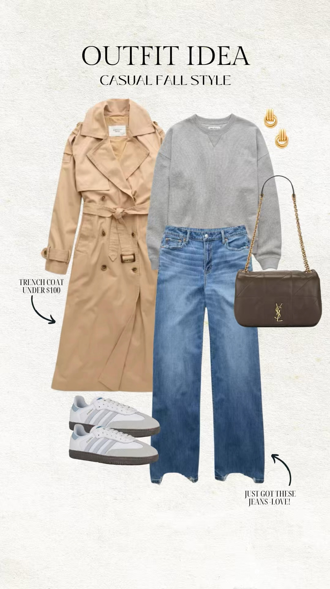 Casual fall outfit idea 🤎 I just got these wide leg jeans and LOVE them - they’re under $50!  And this gray crewneck sweatshirt comes in a bunch of colors - it’s SO soft I’m obsessed! I got it in red 😍

Fall outfit, fall style, fall fashion, teacher outfit, adidas samba, straight leg jeans, American Eagle, AE jeans, trench coat, fall jacket, gray sweatshirt, mom style, school drop off outfit, weekend outfit, Christine Andrew 

#LTKVideo #LTKFindsUnder100 #LTKSeasonal