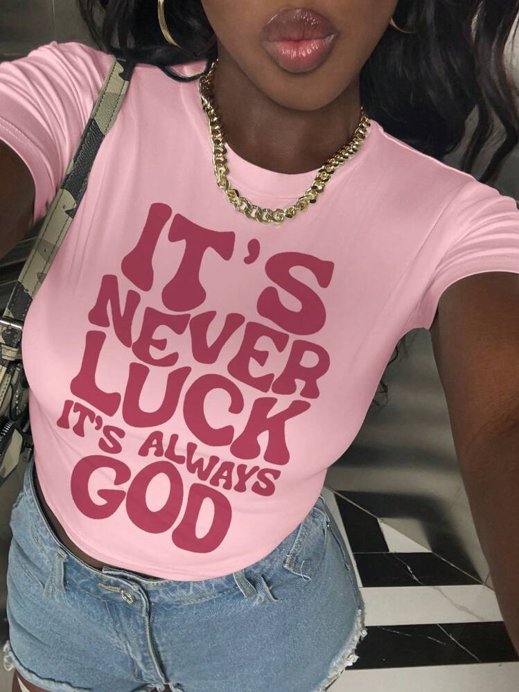 INAWLY Women's Summer Short Sleeve Round Neck Crop Top With Slogan Print IT'S NEVER LUCK IT'S ALWAYS GOD | SHEIN