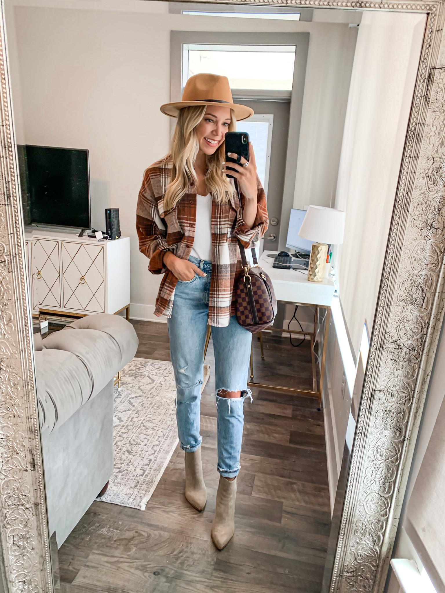 Agolde jeans, flannel shirt, goodnight macaroon, taupe booties, Marc fisher booties, designer lookalike bag, fall outfit, fall hat, amazon accessories 

#LTKunder100 #LTKSeasonal #LTKshoecrush
