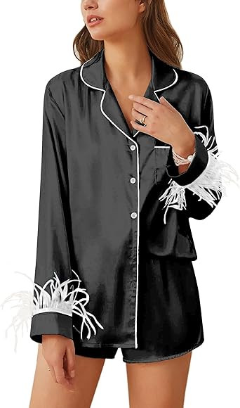 Ekouaer Women's Bridal Feather Trim Silk Satin Pajama Set Long Sleeve Lounge Sets Sleepwear (Remo... | Amazon (US)