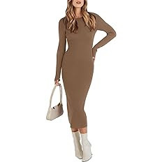 ANRABESS Women's 2023 Trendy Long Sleeve Sweater Dress Crewneck Slim Fit Ribbed Knit Bodycon Midi... | Amazon (US)