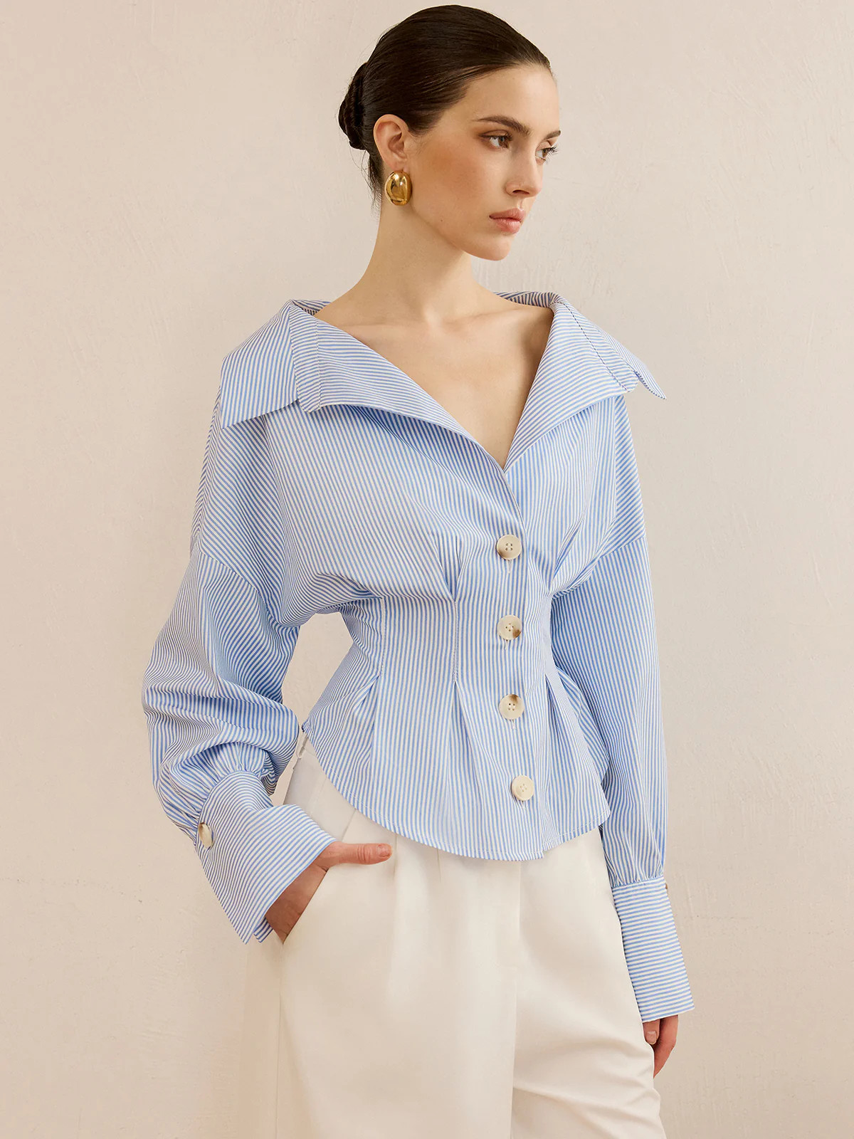 Striped Collared Shirt with Waist-Cinching Design | Commense