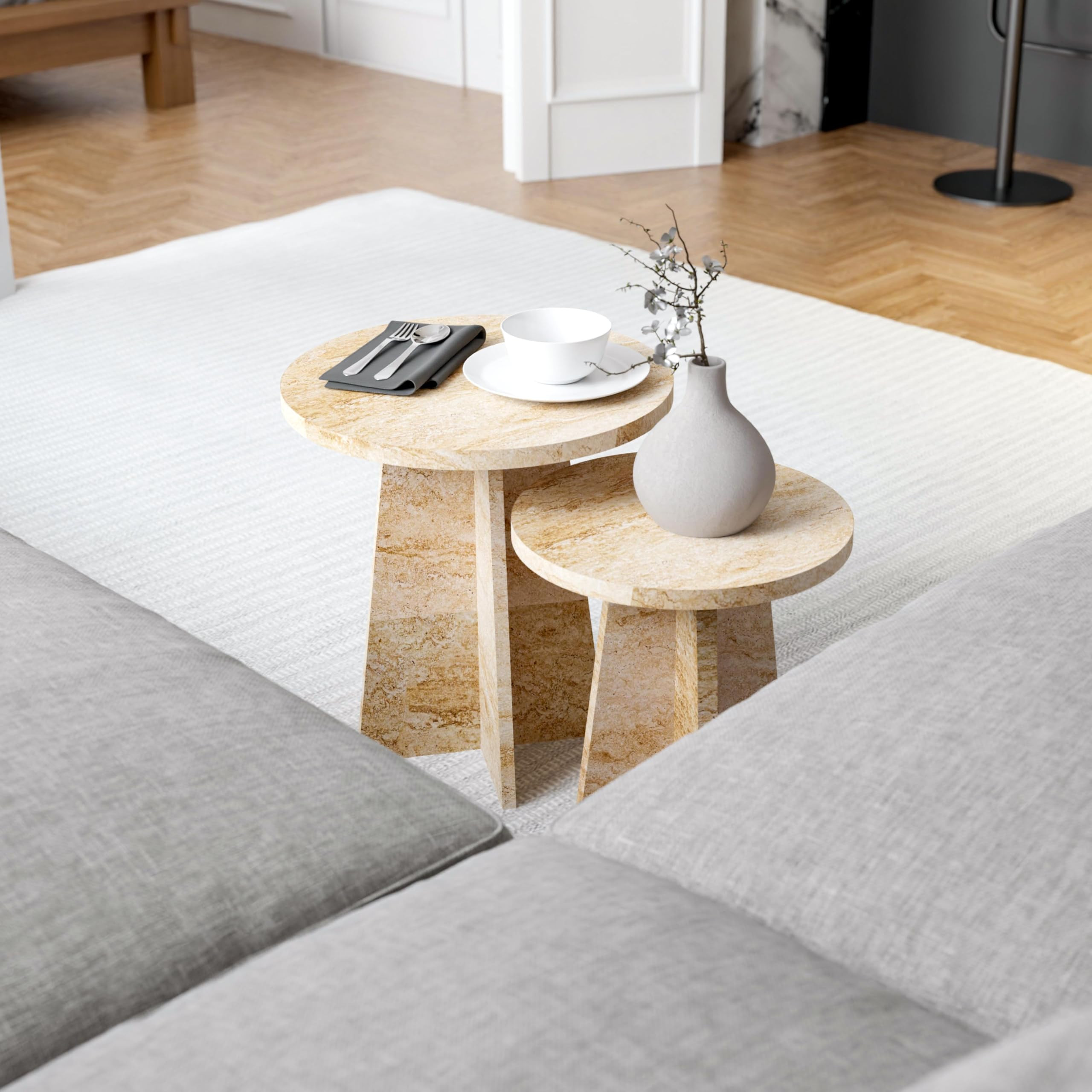 Travertine Efect Round Nesting Coffee Table Set of 2 Modern Coffee Table Small Side Table End Tab... | Amazon (US)