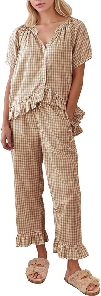 COZYPOIN Womens Gingham Pajama Set 2 Piece Plaid Cotton Pjs Cute Ruffle Sleepwear Maternity Bride... | Amazon (US)