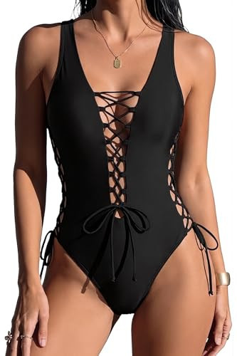 Holipick Women Black Sexy One Piece Swimsuit One Shoulder Bathing Suit Lace Up Swimwear Monokini 18W | Amazon (US)