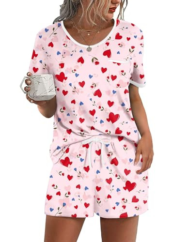 Ekouaer Pajama Set for Women 2 Piece Lounge Set Short Sleeve Tops and Shorts Soft Sleepwear, Ches... | Amazon (US)