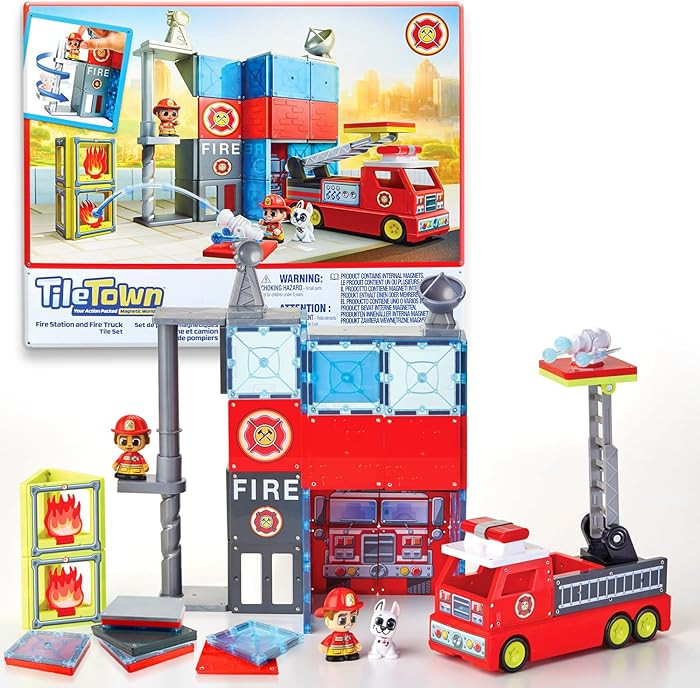 Tile Town Fire Station Magnetic Tiles Set, 66 Piece Kids Magnet Toy, Innovative Action Play Magne... | Amazon (US)