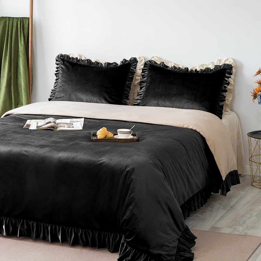 GLORY SEASON Velvet Duvet Cover Set Retro Ruffle Flounces Trim Luxurious Solid Obsidian Black Far... | Amazon (US)