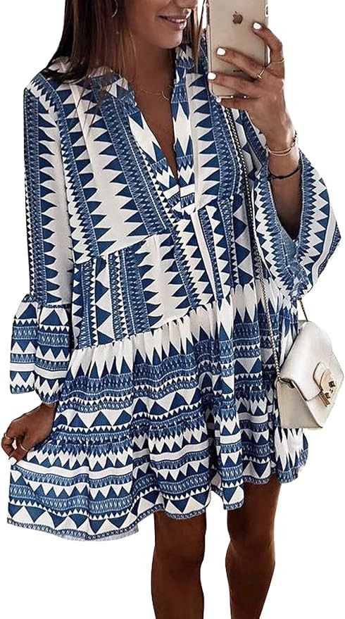 Happy Sailed Womens Long Sleve Leopard Print Tunic Shirt Dress V Neck Casual Loose Flowy Swing Sh... | Amazon (US)