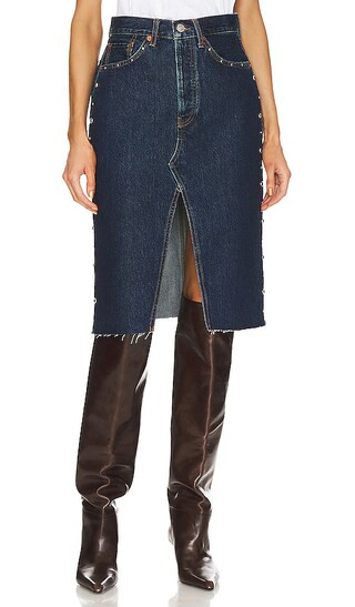 RE/DONE Midi Denim Skirt in Blue. - size 26 (also in 24, 25, 27, 28, 29, 30, 31, 32) | Revolve Clothing (Global)