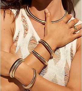 Gold Bangles for Women Chunky Stretch Bangles Bracelets Set 18K Gold Plated Stainless Steel Link ... | Amazon (US)