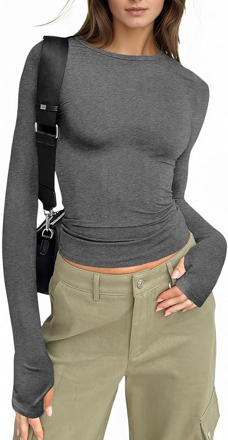 Fisoew Womens Long Sleeve T Shirts Crew Neck Basic Fall Fitted Tops Running Yoga Athletic Shirts ... | Amazon (US)