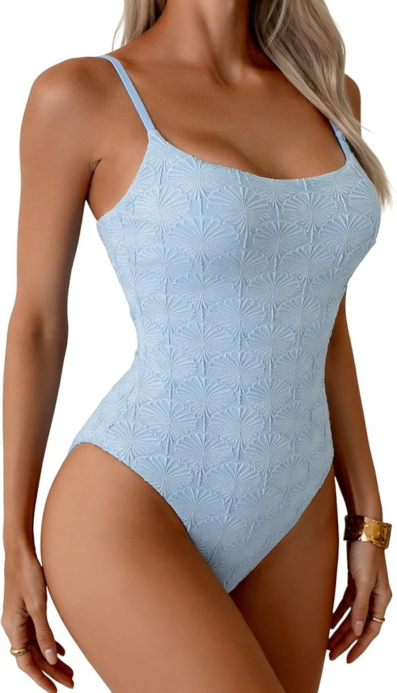 Women's Textured One Piece Swimsuit Classic Tummy Control Slimming Bathing Suit Square Neck Jacqu... | Amazon (US)