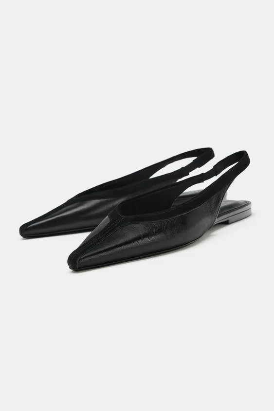 Flat leather slingback shoes. Thin back strap with contrasting elastic. Flat sole. Pointed toe.So... | Zara Canada