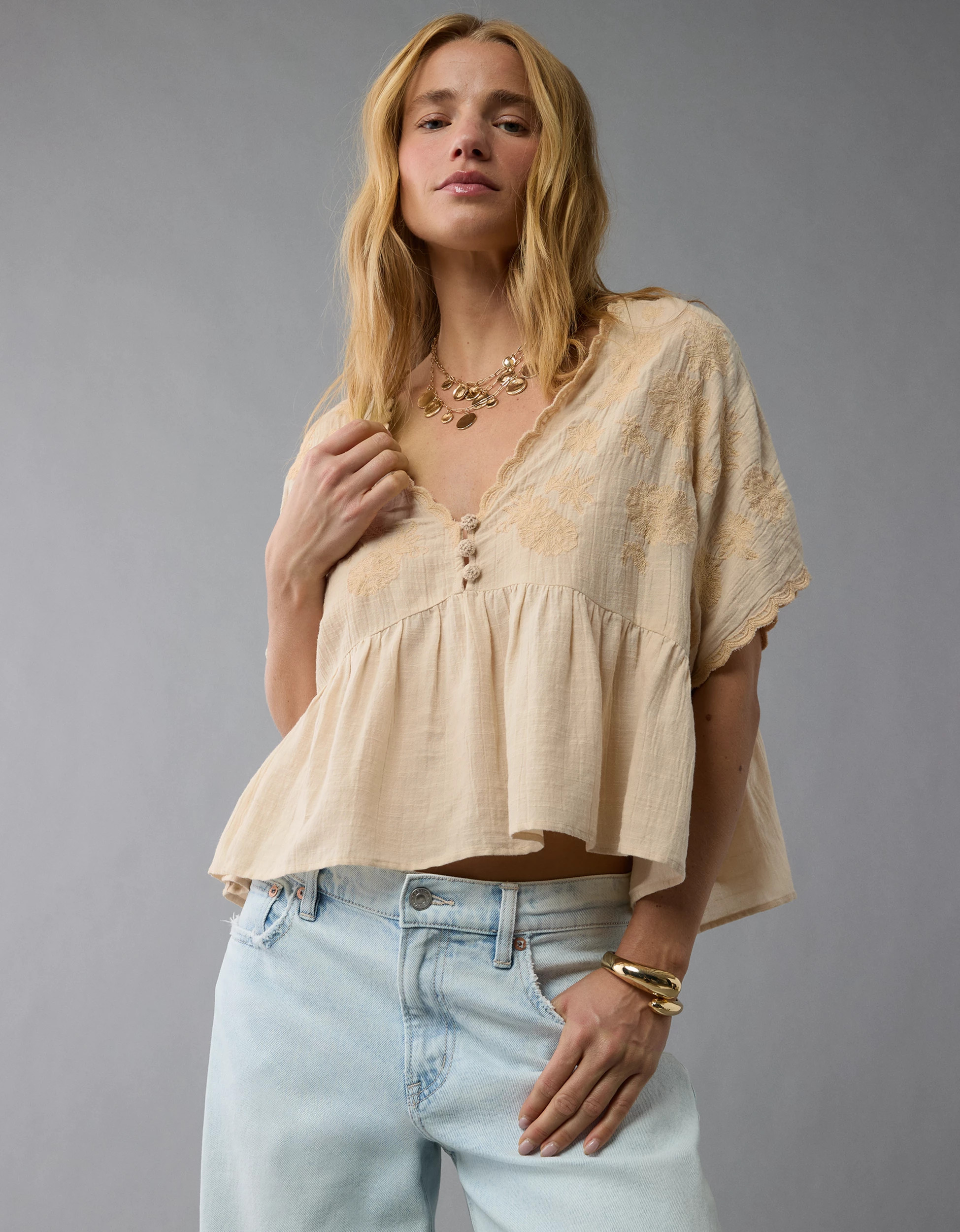 AE V-Neck Embroidered Blouse | American Eagle Outfitters (US & CA)