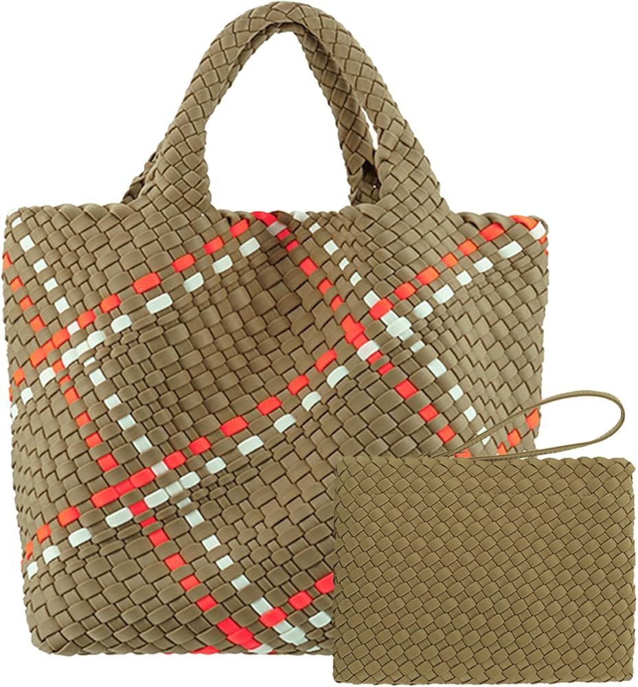 Woven Tote Bag With Small Purse, Neoprene Bag For Women, Lightweight Top-Handle Handbag Retro Sho... | Amazon (US)