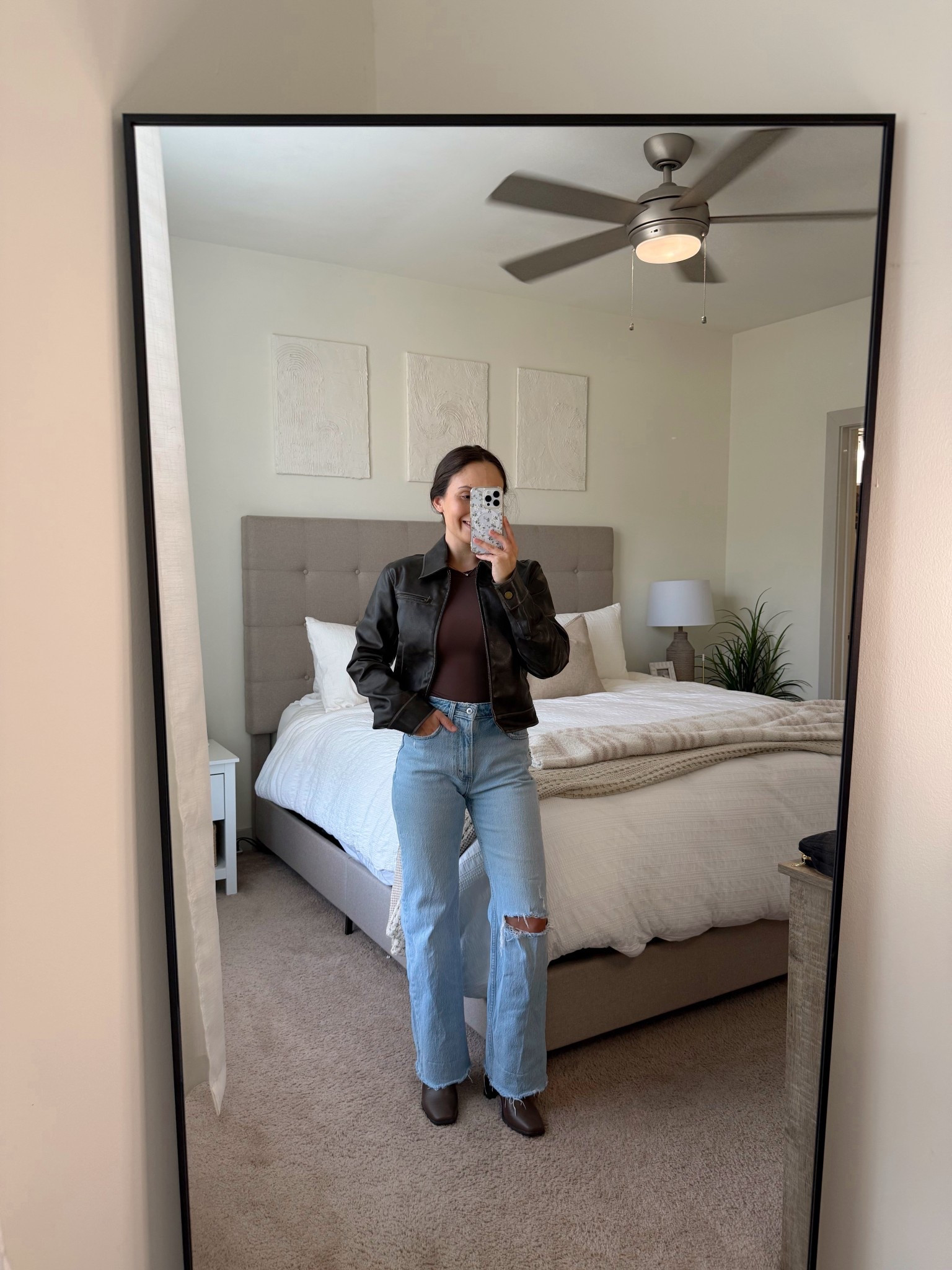 leather jacket - XS,
tee - XS,
jeans - 24 short

#LTKSeasonal #LTKPetite #LTKFindsUnder100