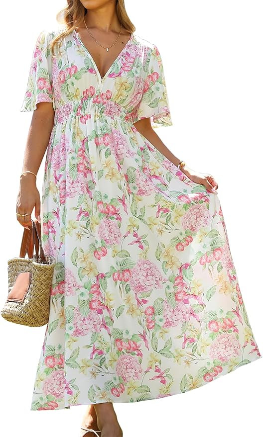 Womens V Neck Flutter Sleeve Boho Midi Dress Summer Wedding Guest Beach Party Long Dresses | Amazon (US)